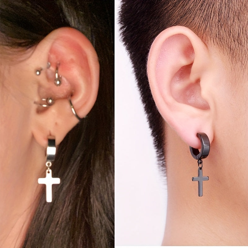 2pairs Simple Cross Ear Buckle Earrings, Men's Stainless Steel Ear Clip Earrings