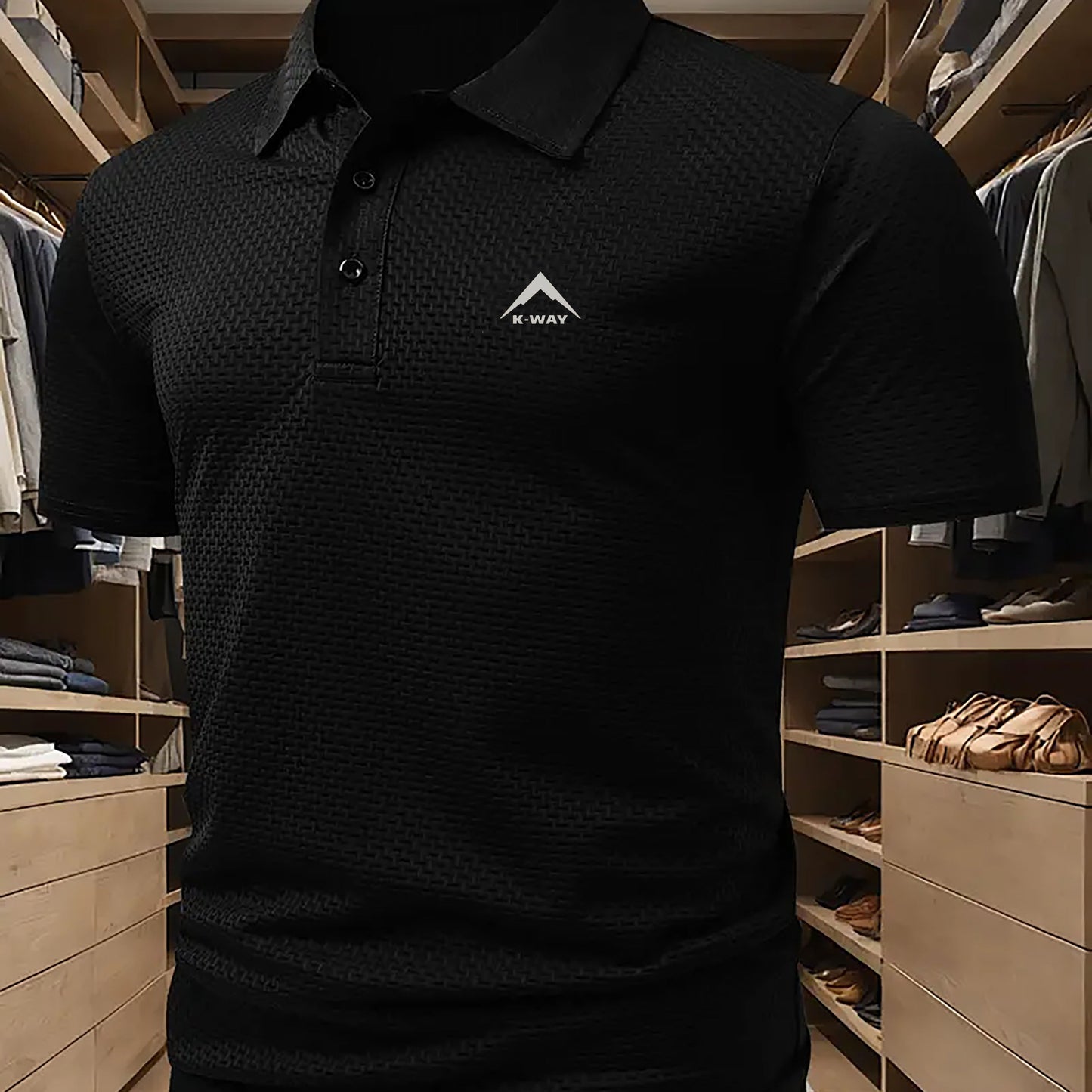 KWAY Men'S Breathable Summer Shirt - Lightweight Stretch Fabric, Solid Color with Contrast Collar & Chest Logo, Quick-Dry Golf & Business Casual Short Sleeve Top for Casual Attire, Breathable Summer Shirt, Golf Apparel, Sleek