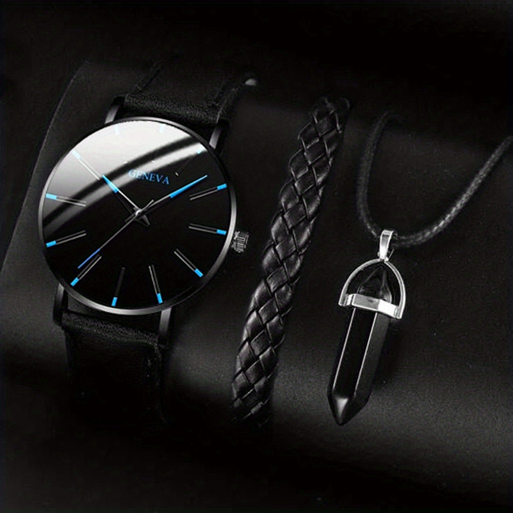 3pcs/set - Elegant Men's Quartz Watch with Matching Bracelet and Necklace - Stylish Timepiece, Perfect for Gifting on Special Occasions