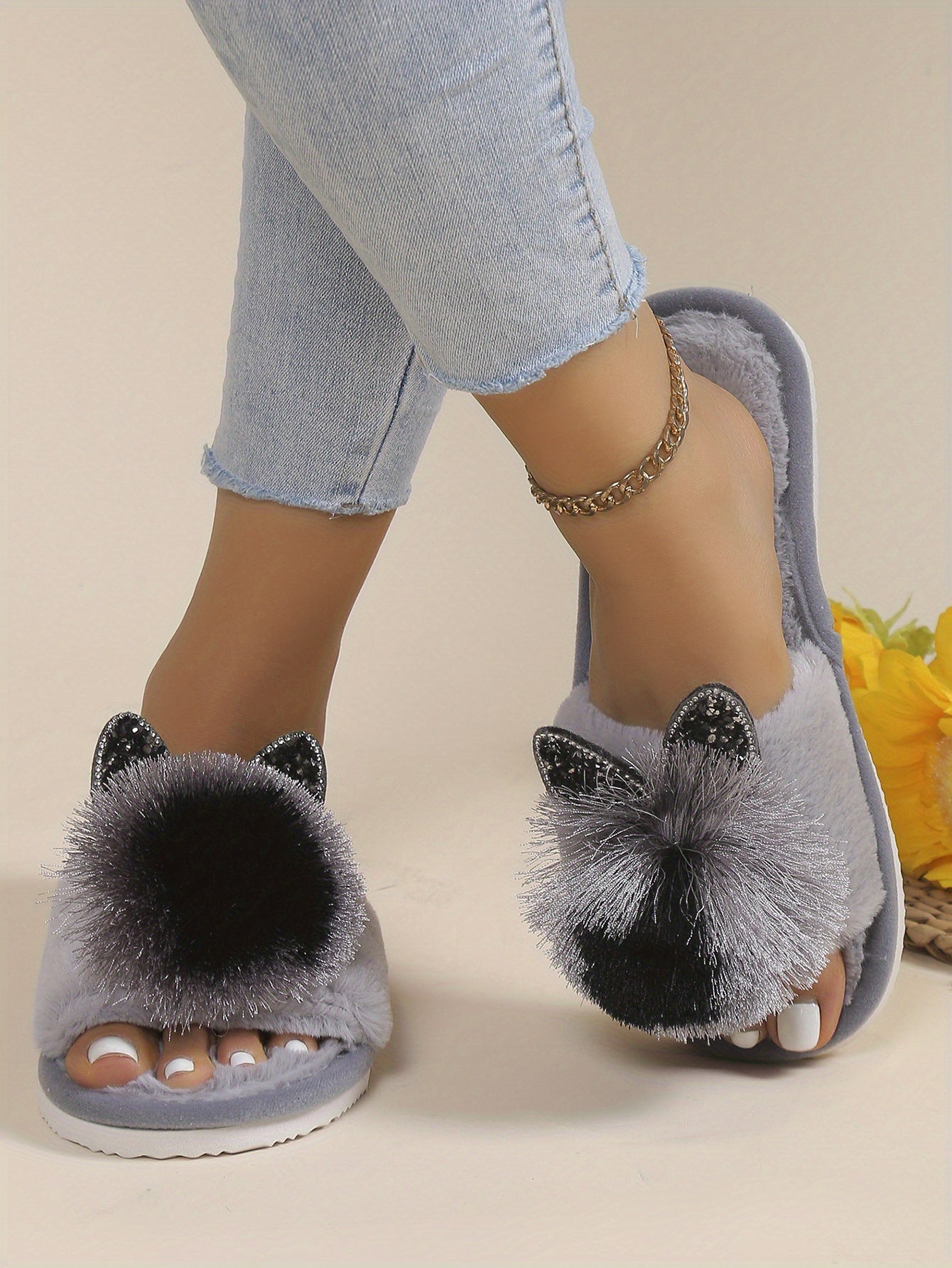 Soft Women's Slip-On Slippers | All-Season Indoor House Shoes with Plush Faux Fur Trim & Sparkling Embellishments - Cute Slippers, Loungewear Essentials, Playful Design, Durable EVA Sole