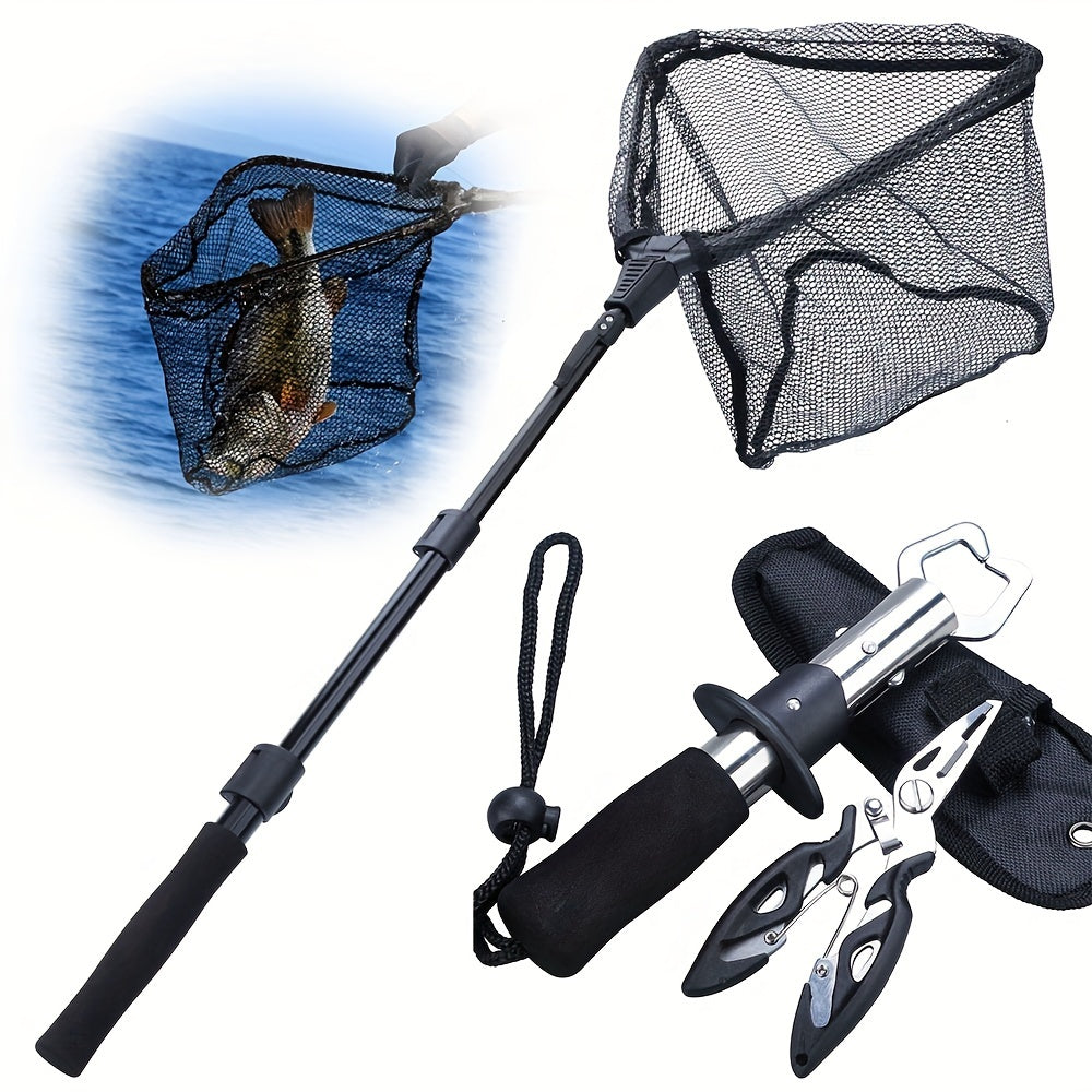 Complete Fishing Tool Set - Nets with Telescopic Folding Landing Net, EVA Handle, Durable Nylon Net Bag, Stainless Steel Fish Controller, and Fishing Pliers for Efficient Catching and Releasing