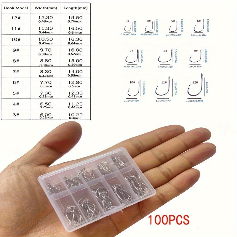 100/200/300/400/500pcs 3# - 12# Mixed Sizes Fishing Hook Set, Barbed Fishing Hooks With Eye, Fishing Tackle