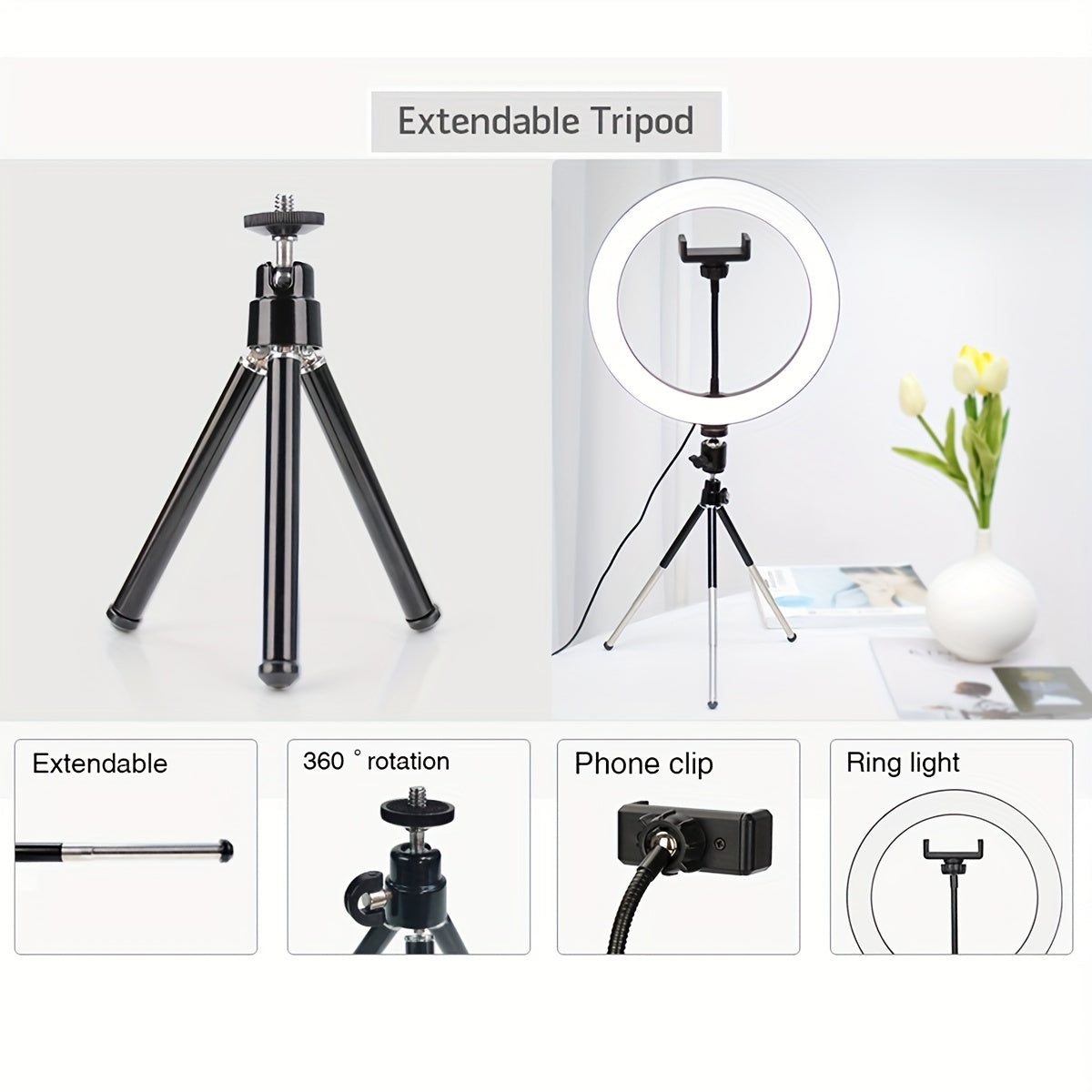 1pc 25.4cm Ring Fill Light With Adjustable Tripod Stand & Phone Holder, LED Selfie Circle Light For Tiktok YouTube Zoom Photography Makeup Live Stream