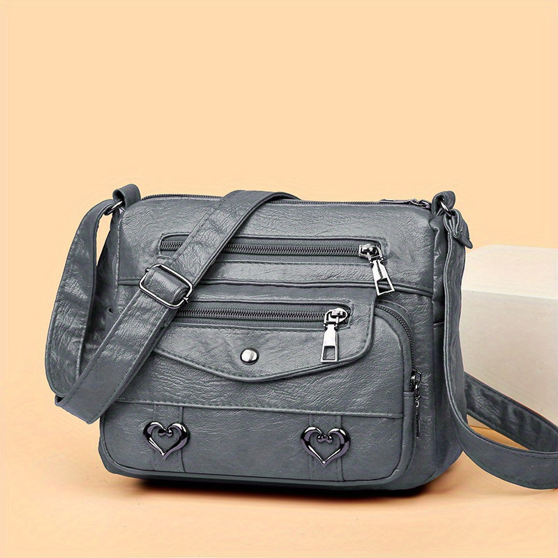 Retro Multi Pockets Crossbody Bag, Soft Faux Leather Shoulder Bag, Heart Decor Purse For Women
