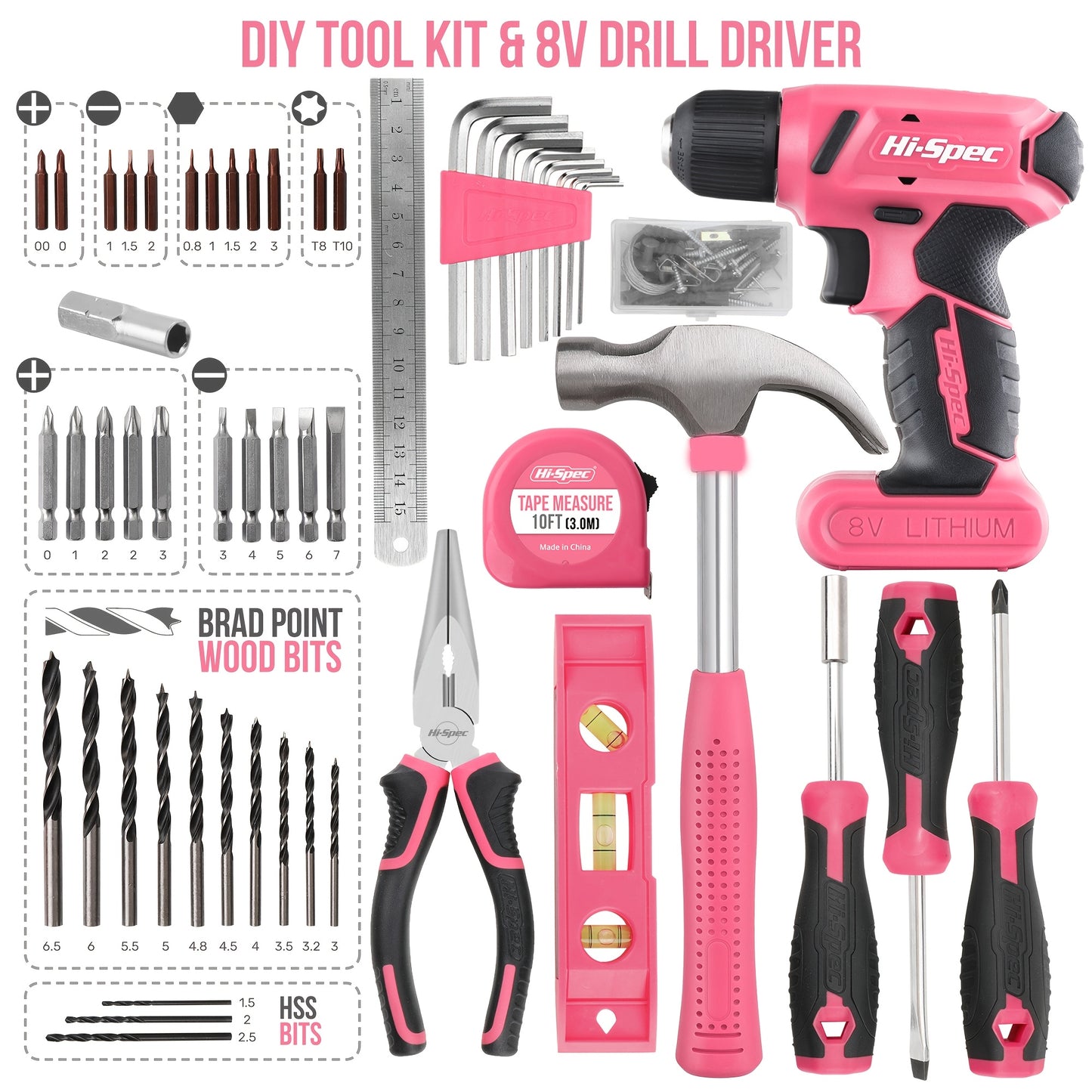 1 Set 8V Rechargeable Electric Screwdriver Set, Household Electric Drill, Pink Multifunctional Toolbox, Power Tool
