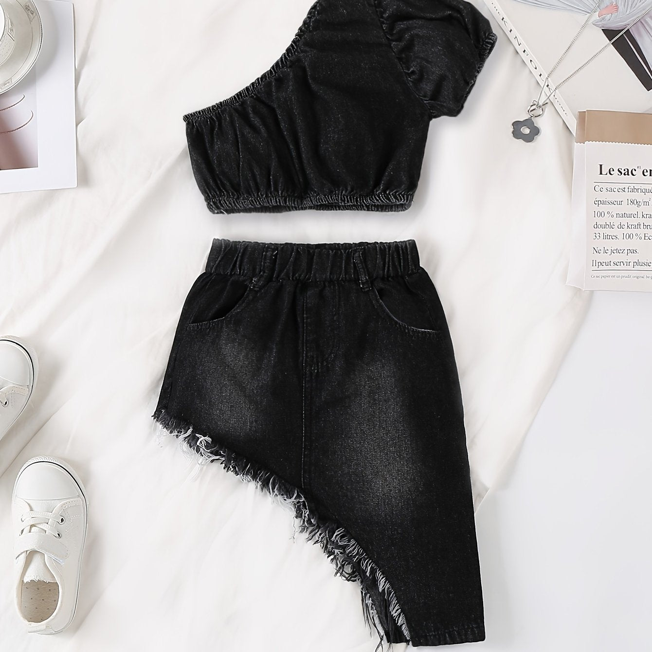 Chic Girls’ Denim 2-Piece Outfit – Off-Shoulder Top & Irregular Raw Hem Skirt | Stylish, Comfortable & Perfect for Summer Wear