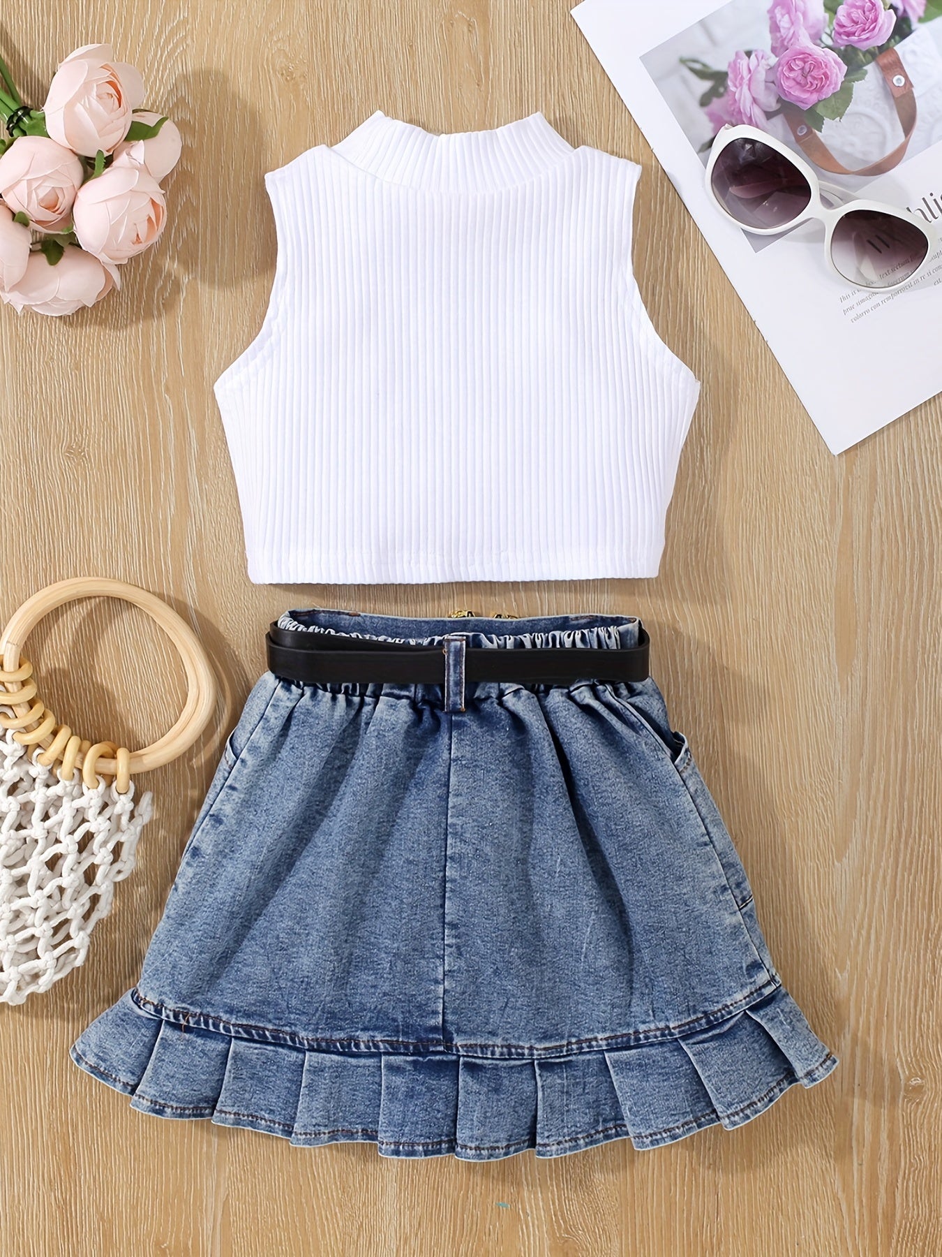 2pcs Toddler Girls Summer Outfit - Skirt Sets with Turtleneck Ribbed Knit Tank Top, Ruffled Hem Pleated Button Belted Denim Skirt, K-pop Inspired, Kids Clothing for Summer Season