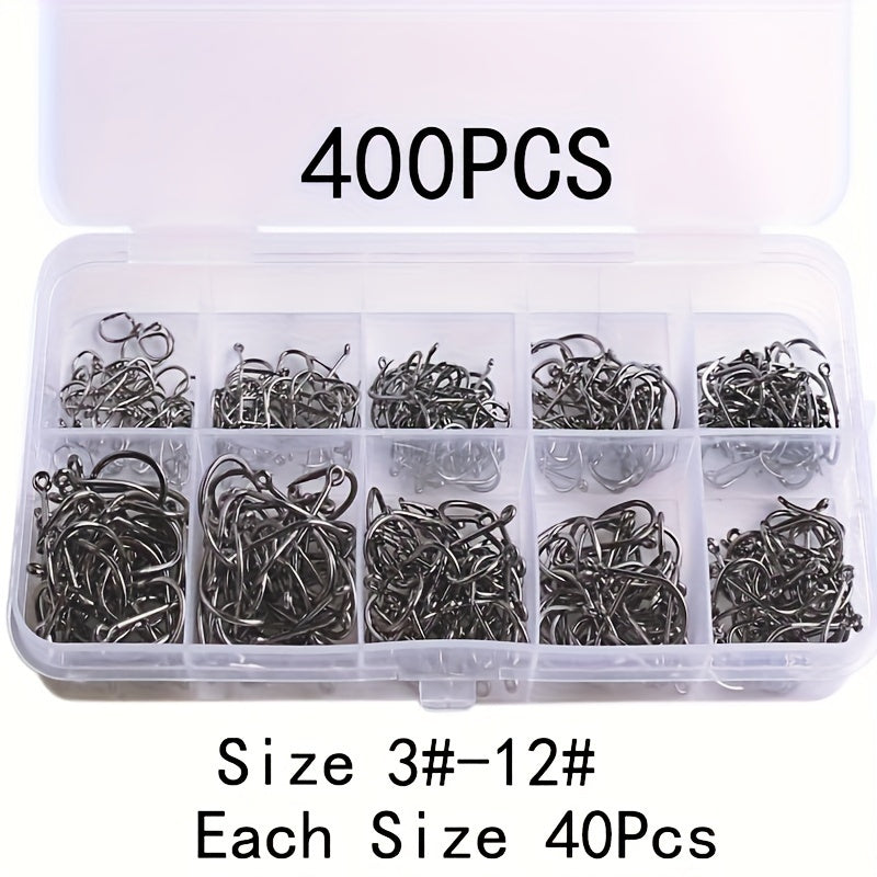 100/200/300/400/500pcs 3# - 12# Mixed Sizes Fishing Hook Set, Barbed Fishing Hooks With Eye, Fishing Tackle