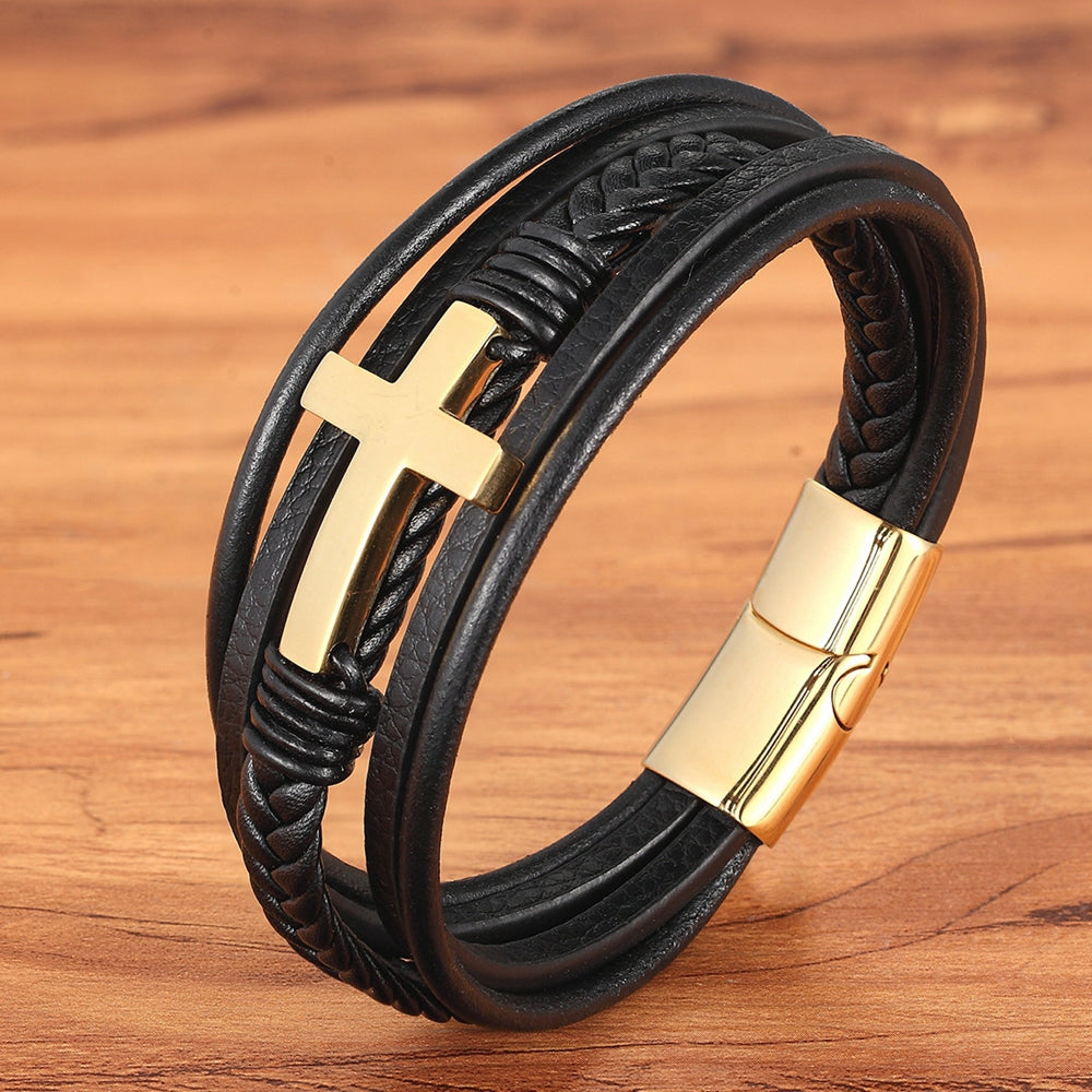 Luxurious Multicolor Cross Design Stainless Steel Men's PU Leather Bracelet - Adjustable 19/21/23cm Length, Stylish, Water Resistant, Durable, Perfect for Formal Occasions, Christmas Gifts, Father's Day Gift, Anniversary Pres
