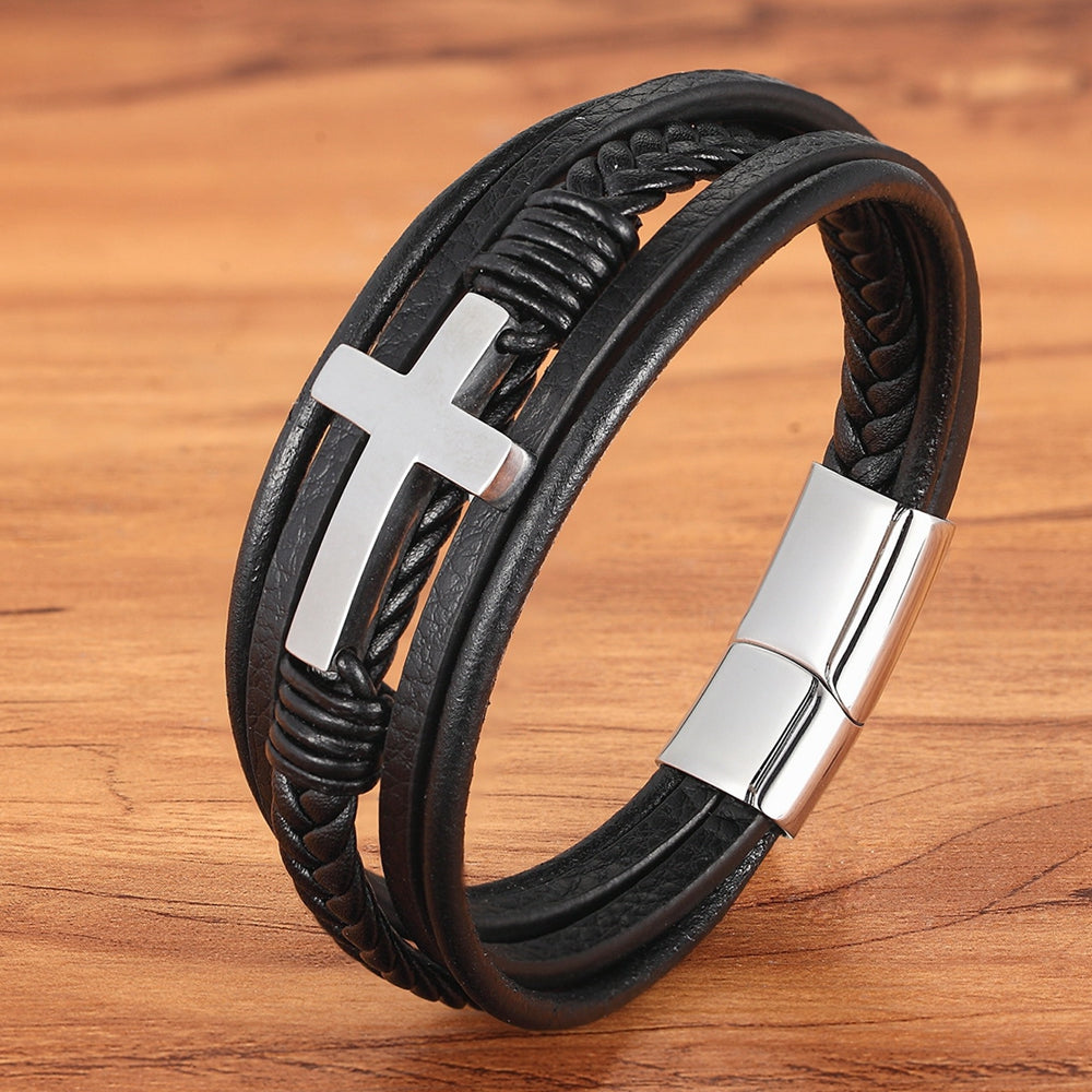 Luxurious Multicolor Cross Design Stainless Steel Men's PU Leather Bracelet - Adjustable 19/21/23cm Length, Stylish, Water Resistant, Durable, Perfect for Formal Occasions, Christmas Gifts, Father's Day Gift, Anniversary Pres