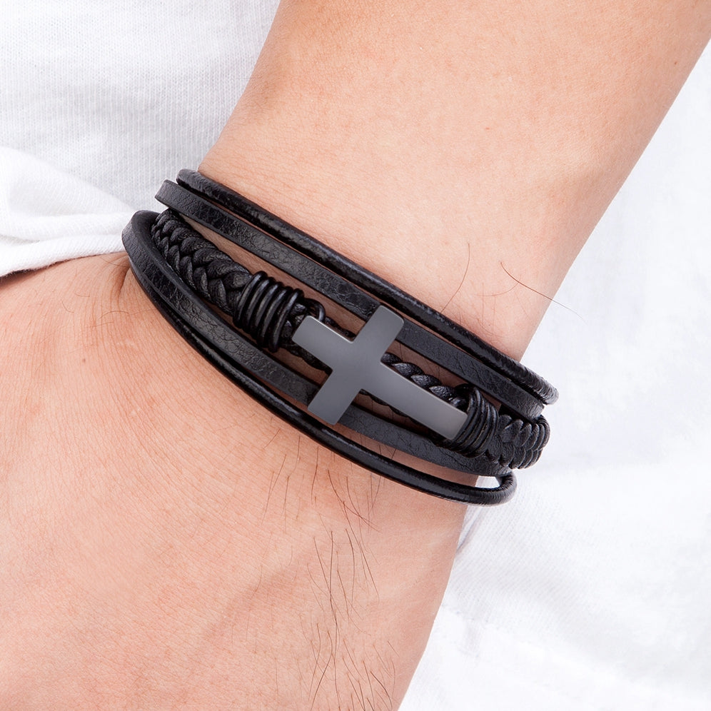 Luxurious Multicolor Cross Design Stainless Steel Men's PU Leather Bracelet - Adjustable 19/21/23cm Length, Stylish, Water Resistant, Durable, Perfect for Formal Occasions, Christmas Gifts, Father's Day Gift, Anniversary Pres