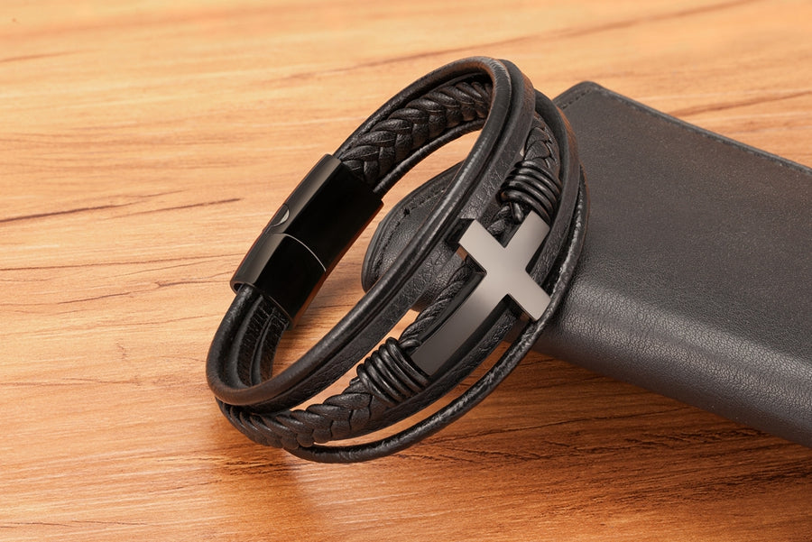 Luxurious Multicolor Cross Design Stainless Steel Men's PU Leather Bracelet - Adjustable 19/21/23cm Length, Stylish, Water Resistant, Durable, Perfect for Formal Occasions, Christmas Gifts, Father's Day Gift, Anniversary Pres
