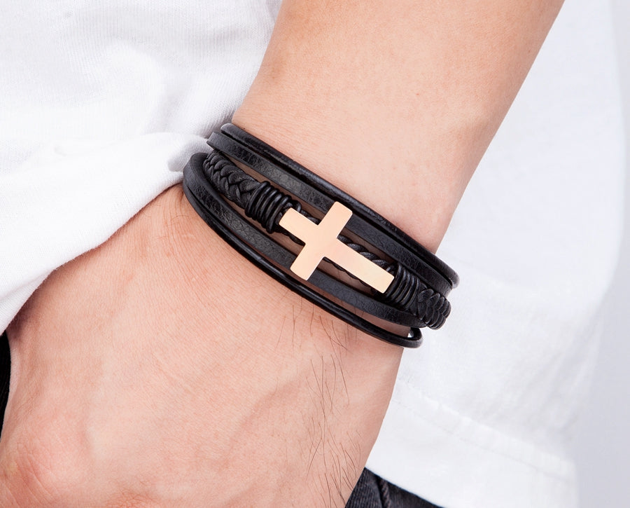 Luxurious Multicolor Cross Design Stainless Steel Men's PU Leather Bracelet - Adjustable 19/21/23cm Length, Stylish, Water Resistant, Durable, Perfect for Formal Occasions, Christmas Gifts, Father's Day Gift, Anniversary Pres