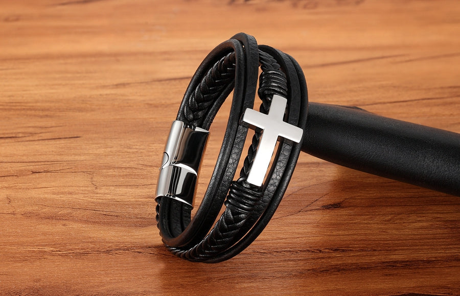 Luxurious Multicolor Cross Design Stainless Steel Men's PU Leather Bracelet - Adjustable 19/21/23cm Length, Stylish, Water Resistant, Durable, Perfect for Formal Occasions, Christmas Gifts, Father's Day Gift, Anniversary Pres
