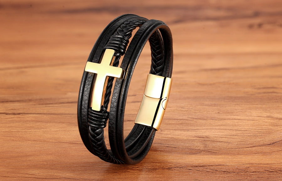 Luxurious Multicolor Cross Design Stainless Steel Men's PU Leather Bracelet - Adjustable 19/21/23cm Length, Stylish, Water Resistant, Durable, Perfect for Formal Occasions, Christmas Gifts, Father's Day Gift, Anniversary Pres