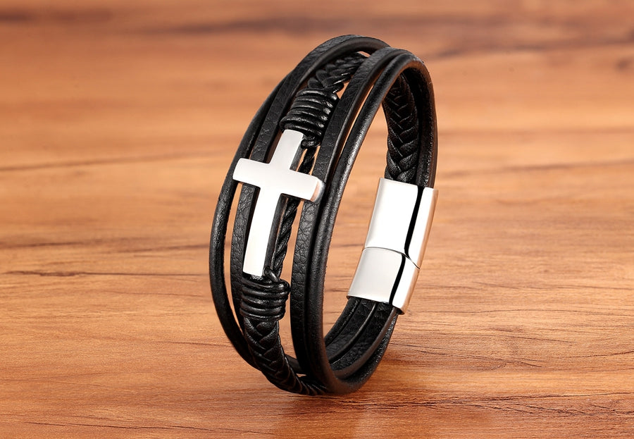 Luxurious Multicolor Cross Design Stainless Steel Men's PU Leather Bracelet - Adjustable 19/21/23cm Length, Stylish, Water Resistant, Durable, Perfect for Formal Occasions, Christmas Gifts, Father's Day Gift, Anniversary Pres
