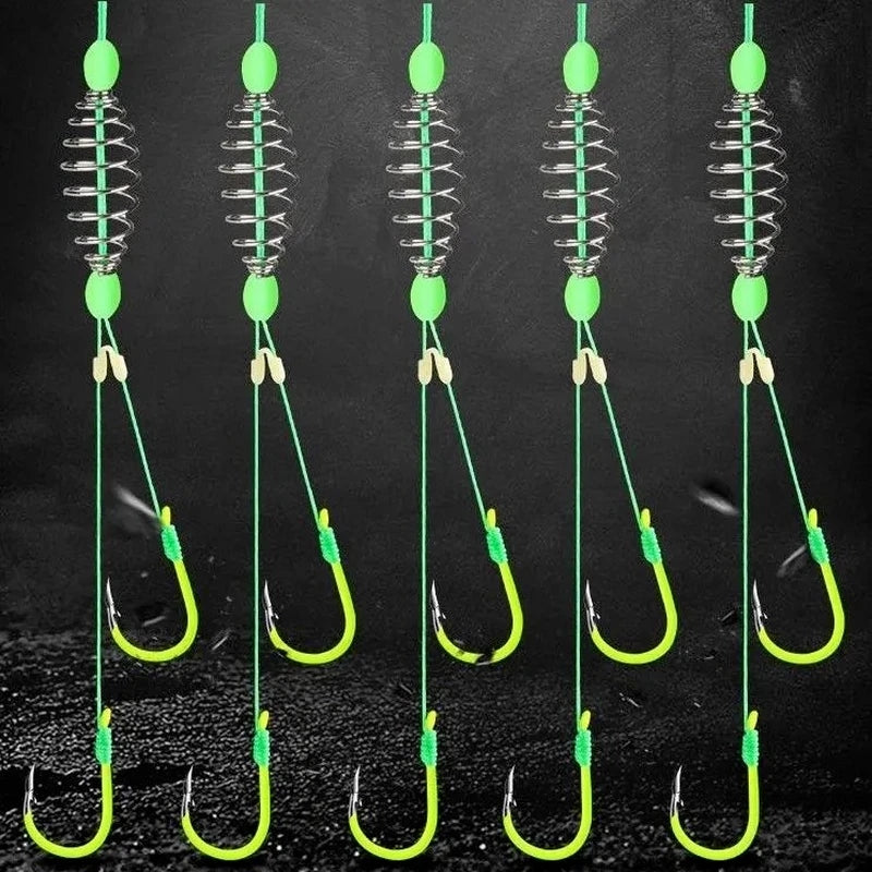 5pcs/set Premium Stainless Steel Double Hook Fishing Line with Barbed Carp Hooks and Bait Feeder Spring - Unleash Your Fishing Potential with Enhanced Catching Ability and Durability - Essential Accessories for Anglers