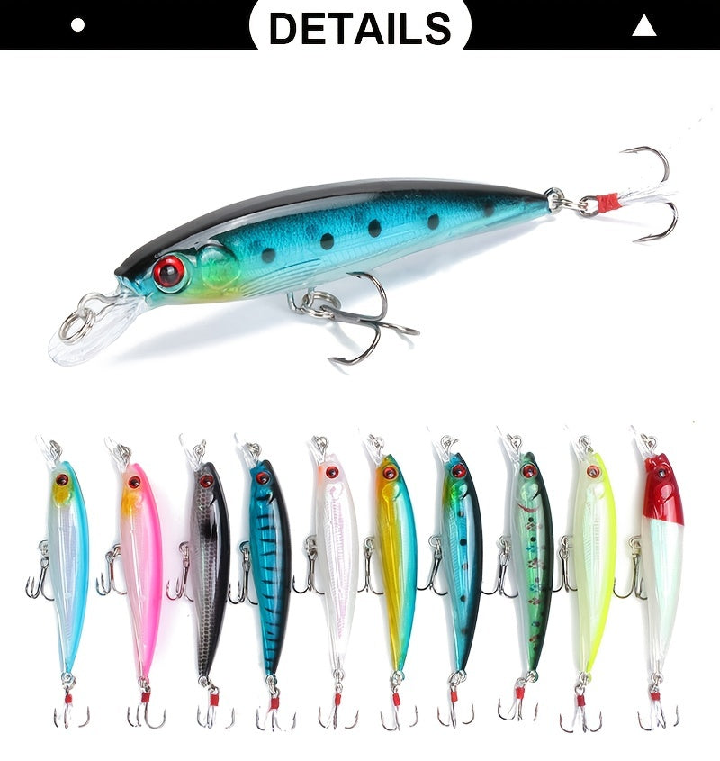 10pcs Premium 3D Bionic Fishing Lures with Laser Eyes - Artificial Hard Baits for Catching More Fish - Feather Hook, 9cm/7.2g, Lifelike Swimming Action, Durable and Long-Lasting
