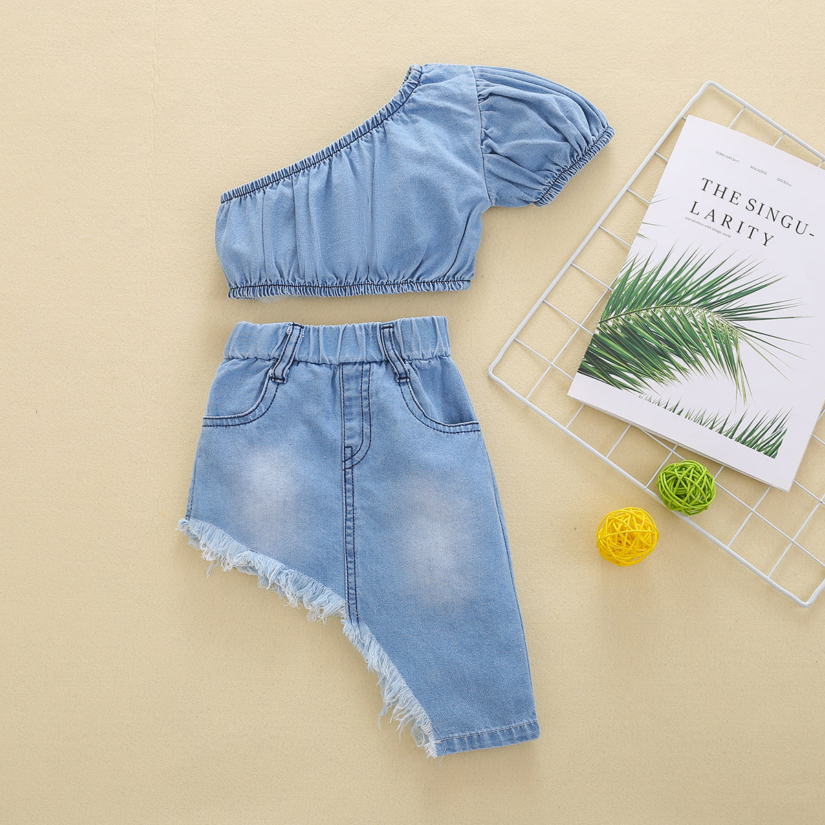 Chic Girls’ Denim 2-Piece Outfit – Off-Shoulder Top & Irregular Raw Hem Skirt | Stylish, Comfortable & Perfect for Summer Wear