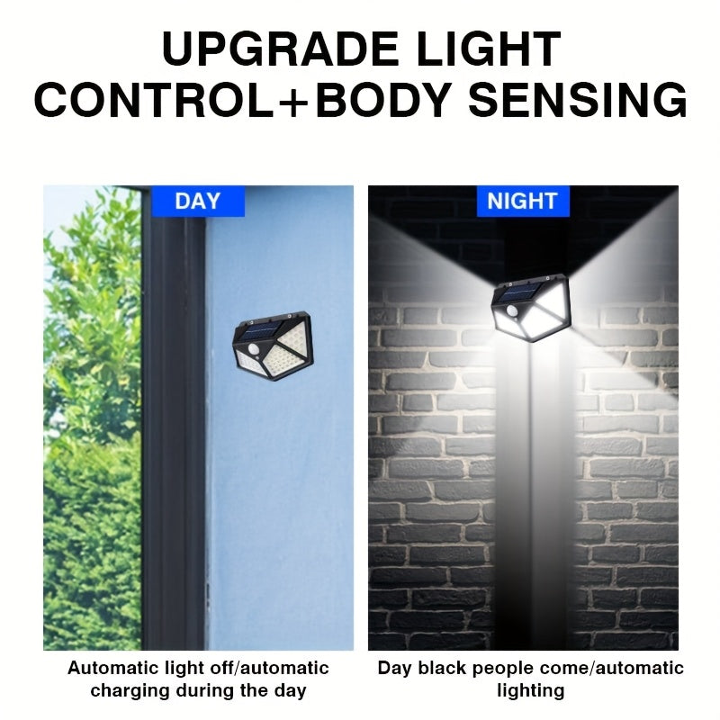 100 LED Solar Wall Sensor Light – Intelligent Motion & Light Sensor, Four-Sided Illumination, Automatic Brightness Adjustment, Waterproof Outdoor Wall Lamp