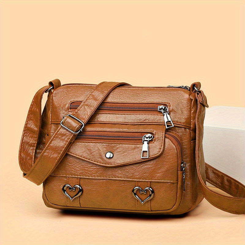 Retro Multi Pockets Crossbody Bag, Soft Faux Leather Shoulder Bag, Heart Decor Purse For Women