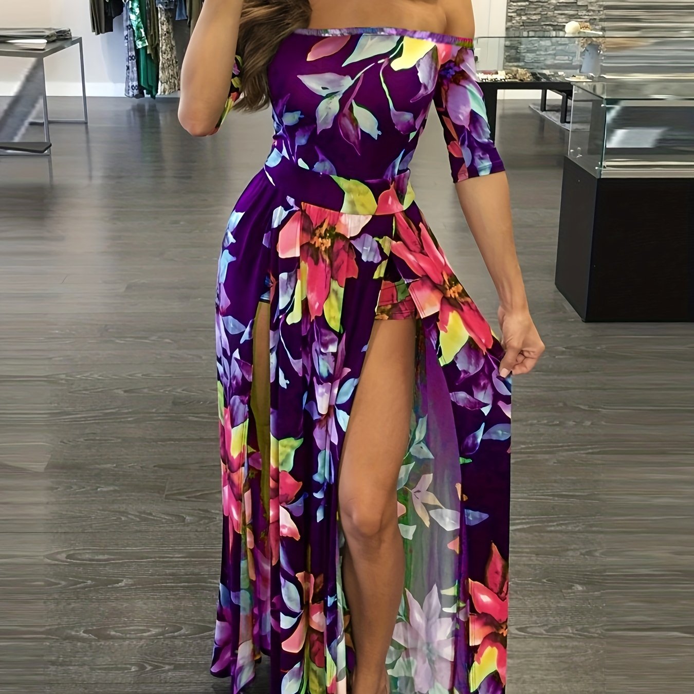 Vibrant Floral Print Romper Jumpsuit - Off Shoulder, Overskirt, Sexy, Flowy, Comfortable, Women's Summer Clothing - Perfect for Outdoor, Party, Date Night