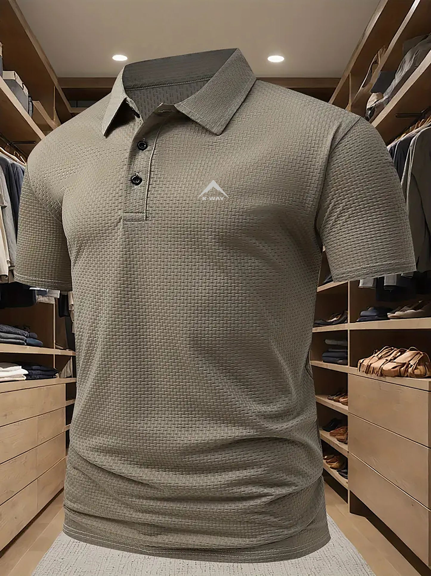 KWAY Men'S Breathable Summer Shirt - Lightweight Stretch Fabric, Solid Color with Contrast Collar & Chest Logo, Quick-Dry Golf & Business Casual Short Sleeve Top for Casual Attire, Breathable Summer Shirt, Golf Apparel, Sleek