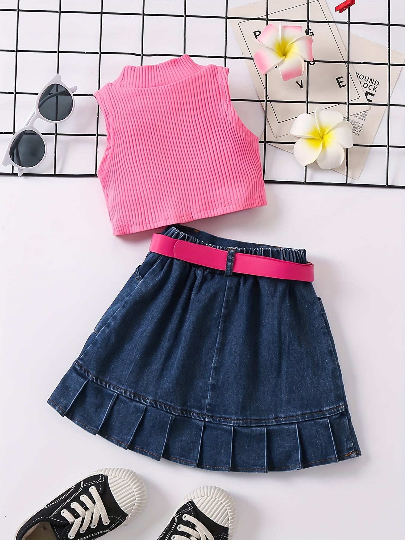 2pcs Toddler Girls Summer Outfit - Skirt Sets with Turtleneck Ribbed Knit Tank Top, Ruffled Hem Pleated Button Belted Denim Skirt, K-pop Inspired, Kids Clothing for Summer Season