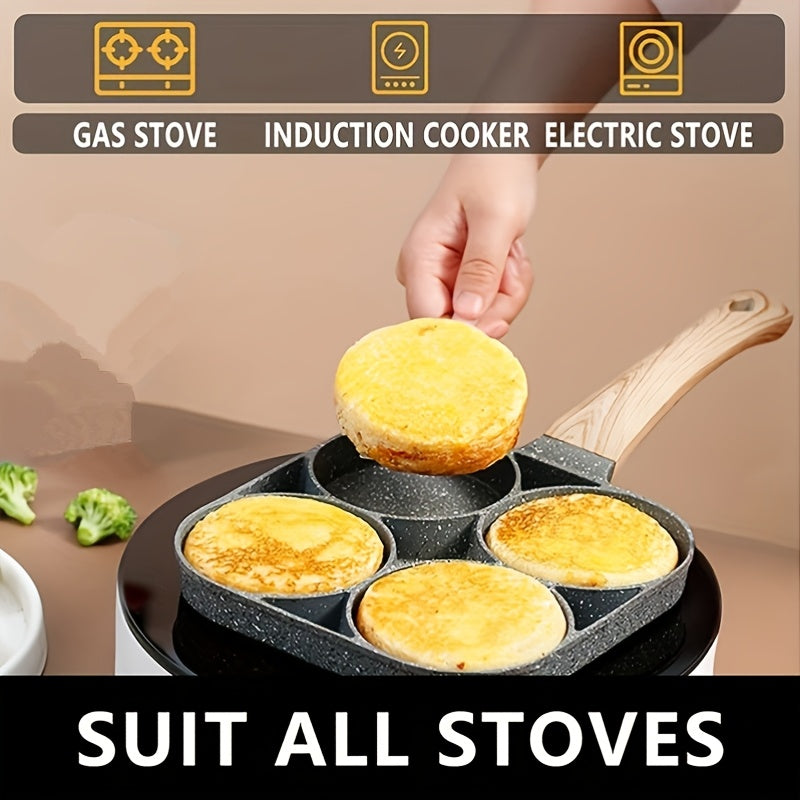 4-Hole Non-Stick Frying Pan with Maifan Stone Coating - Aluminum Handle, Perfect for Eggs, Pancakes, And More - Hand Wash Only, Induction Compatible, Kitchen Cookware | Modern Kitchenware | Durable Cookwar