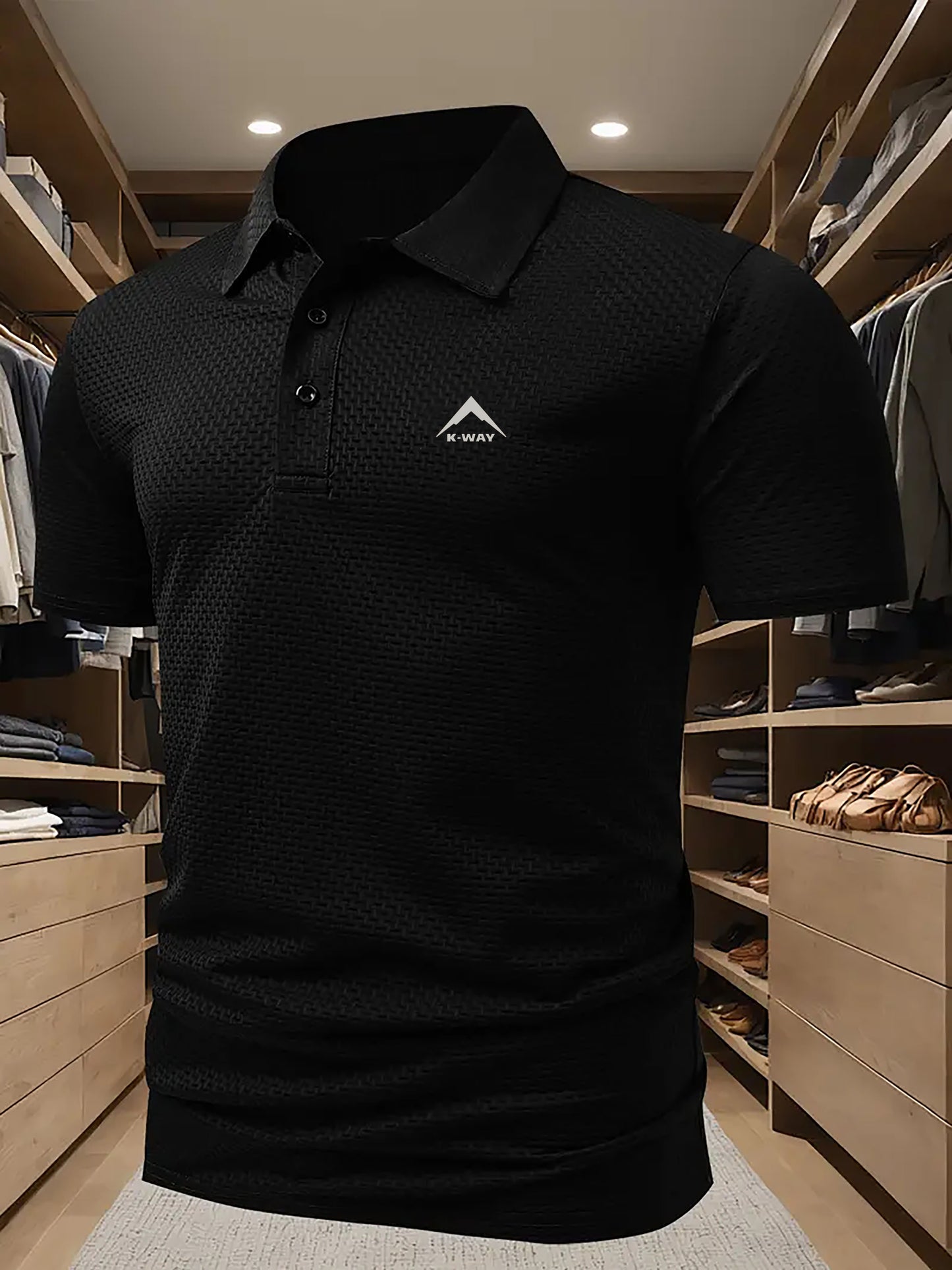 KWAY Men'S Breathable Summer Shirt - Lightweight Stretch Fabric, Solid Color with Contrast Collar & Chest Logo, Quick-Dry Golf & Business Casual Short Sleeve Top for Casual Attire, Breathable Summer Shirt, Golf Apparel, Sleek