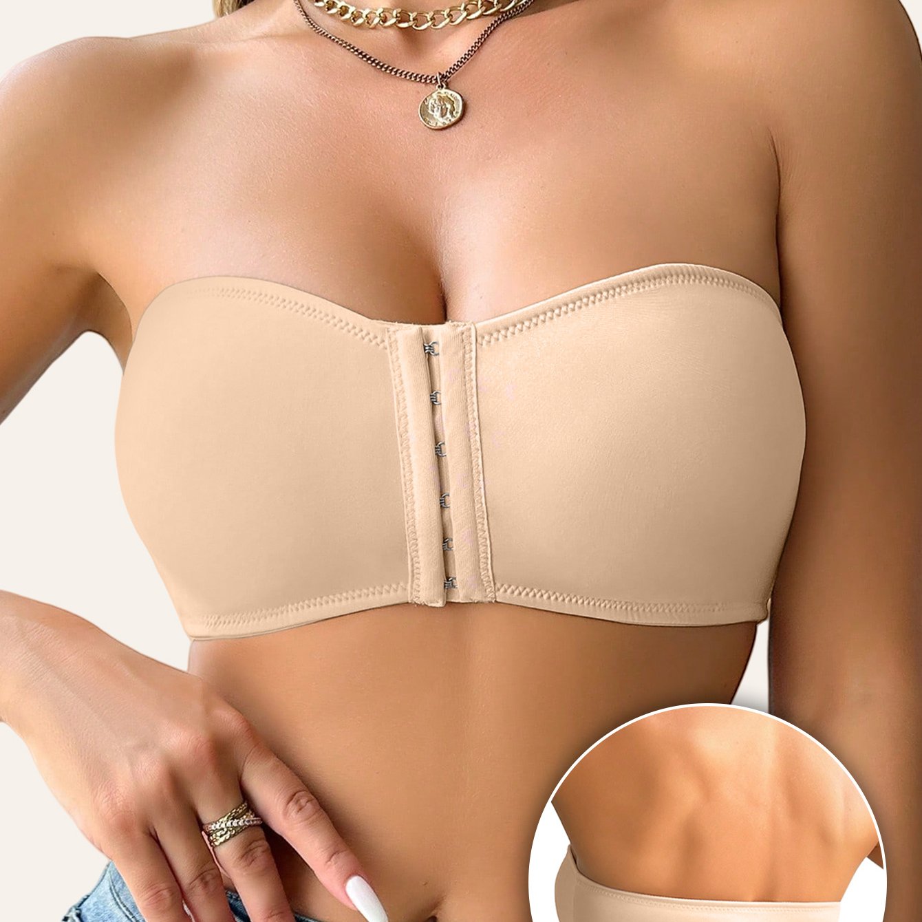 Women's Strapless T-Shirt Bra – Front Clasp & 6-Row Zipper, Seamless, No Underwire, Removable Pads, High-Elastic Soft Pink – Full Coverage for Yoga, Gym & Casual Wear
