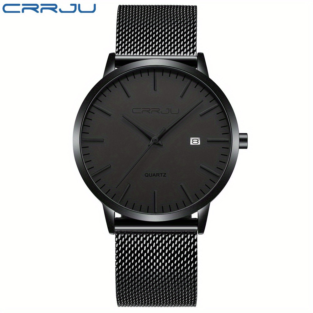 CRRJU Men'S Slim Quartz Watch, Casual Style, Round Zinc Alloy Case, Stainless Steel Strap, Pointer Display, Battery Powered, IPX8 Water Resistant, Non-rechargeable Button Battery