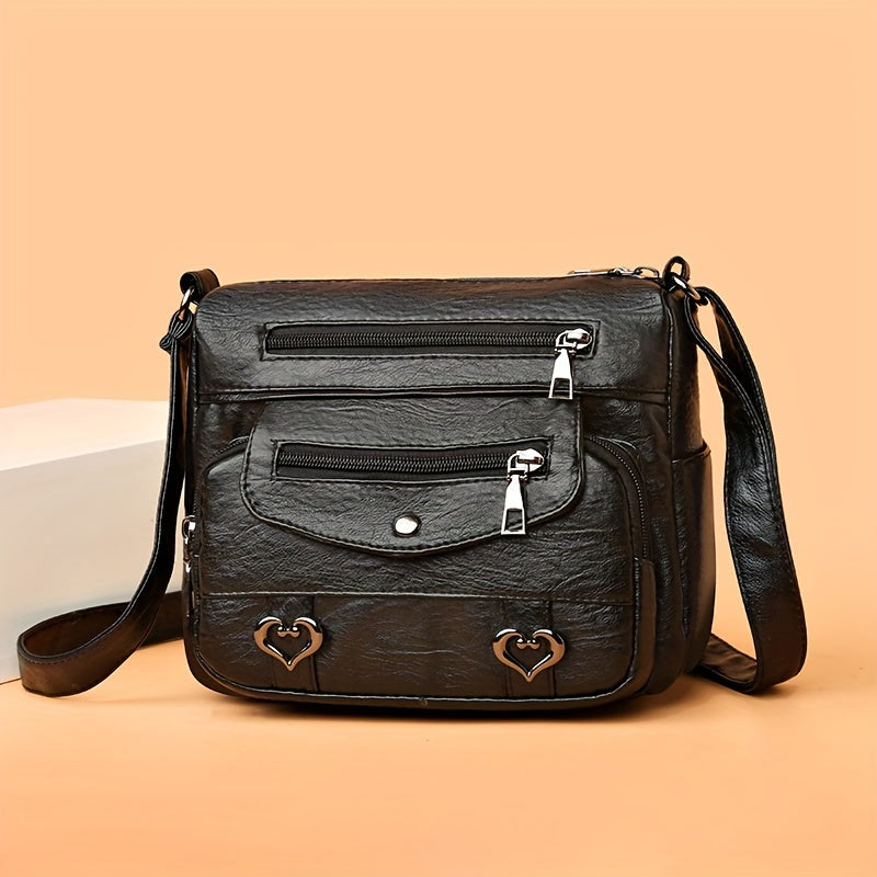 Retro Multi Pockets Crossbody Bag, Soft Faux Leather Shoulder Bag, Heart Decor Purse For Women