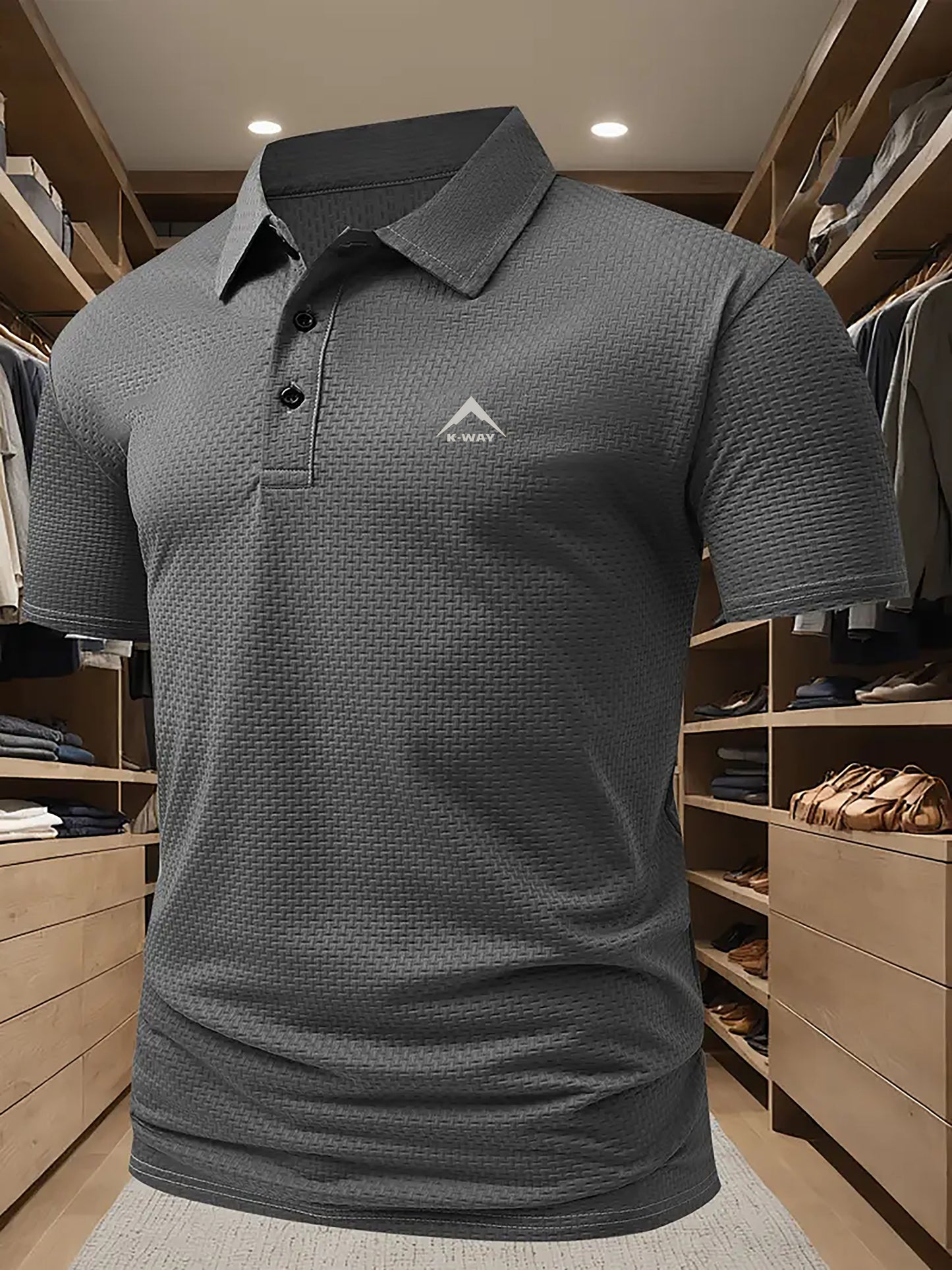 KWAY Men'S Breathable Summer Shirt - Lightweight Stretch Fabric, Solid Color with Contrast Collar & Chest Logo, Quick-Dry Golf & Business Casual Short Sleeve Top for Casual Attire, Breathable Summer Shirt, Golf Apparel, Sleek
