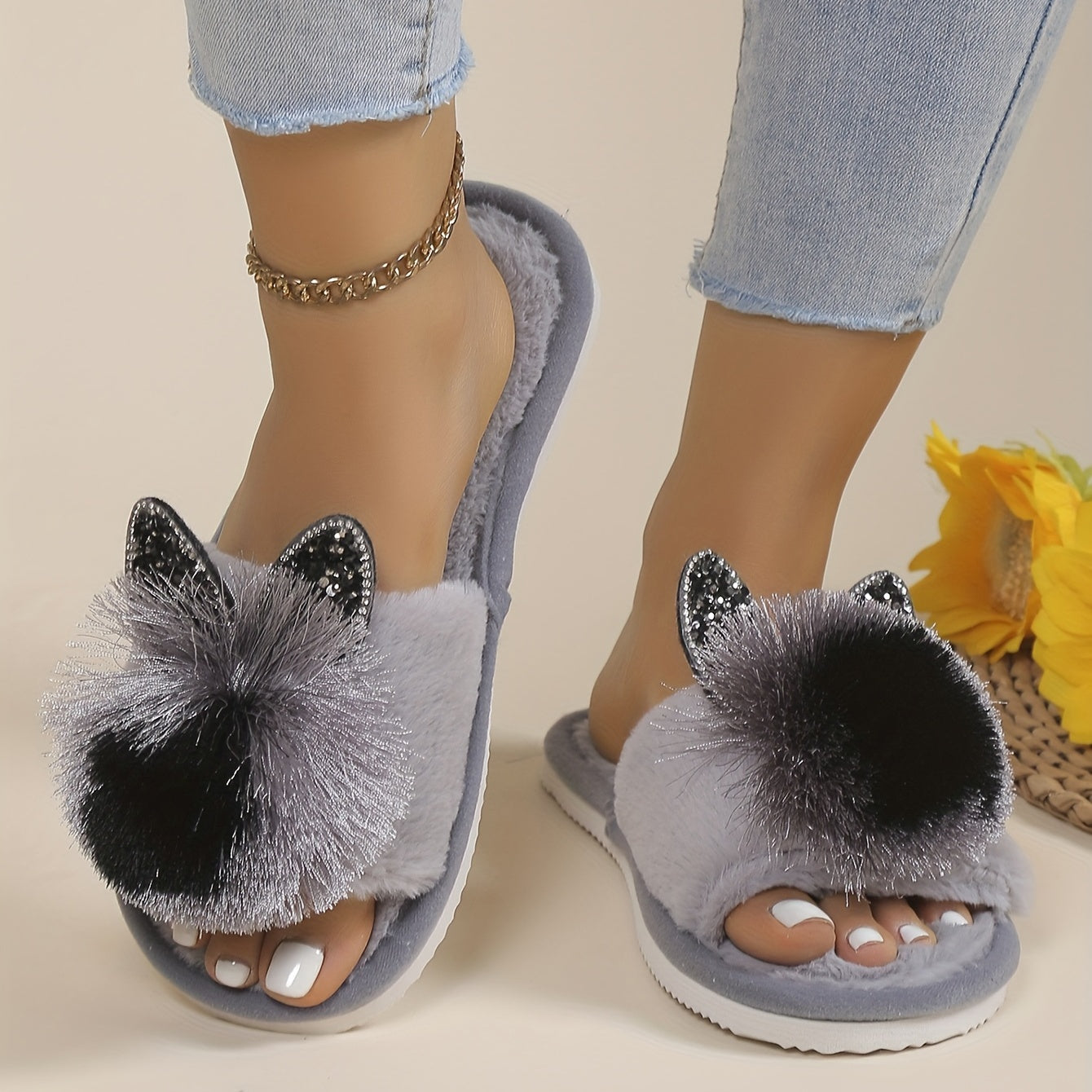 Soft Women's Slip-On Slippers | All-Season Indoor House Shoes with Plush Faux Fur Trim & Sparkling Embellishments - Cute Slippers, Loungewear Essentials, Playful Design, Durable EVA Sole