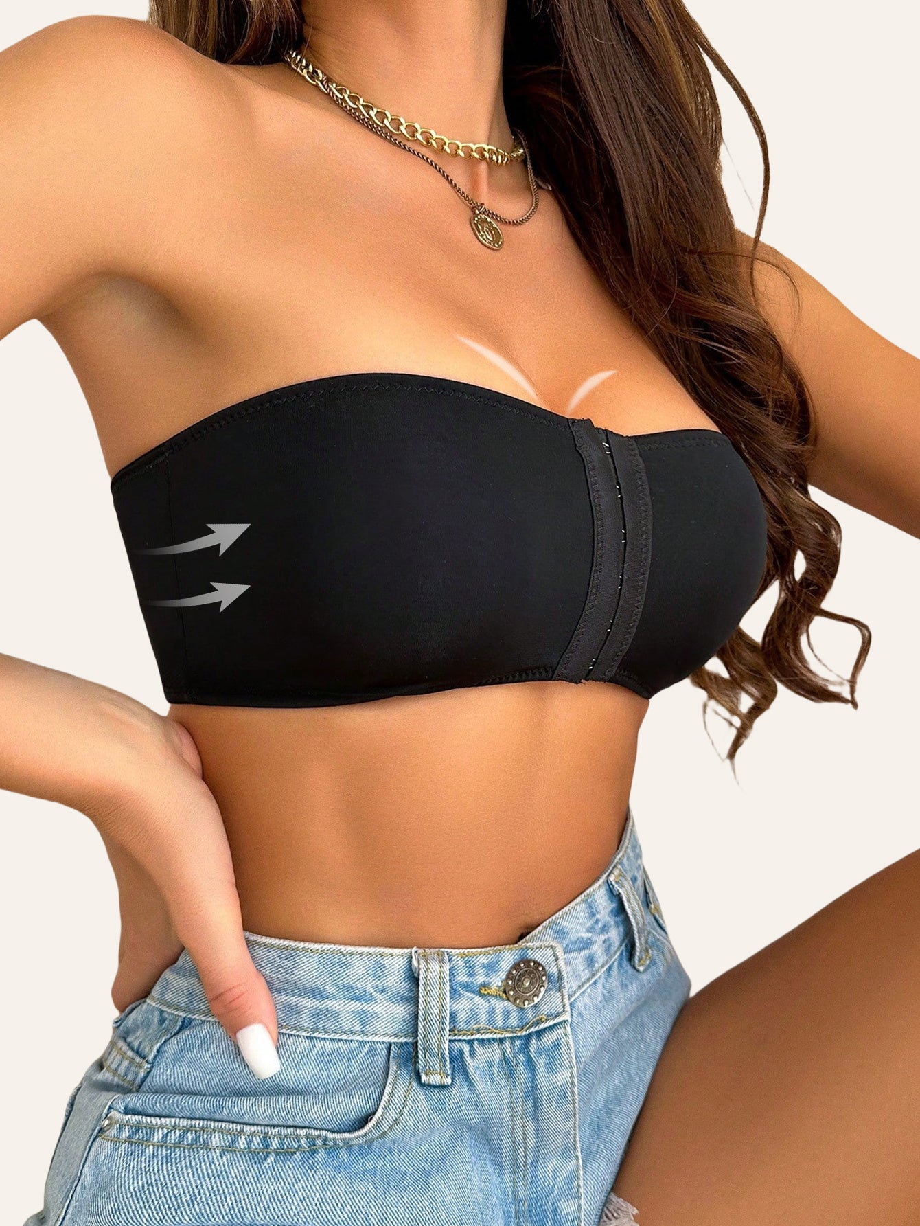 Women's Strapless T-Shirt Bra – Front Clasp & 6-Row Zipper, Seamless, No Underwire, Removable Pads, High-Elastic Soft Pink – Full Coverage for Yoga, Gym & Casual Wear
