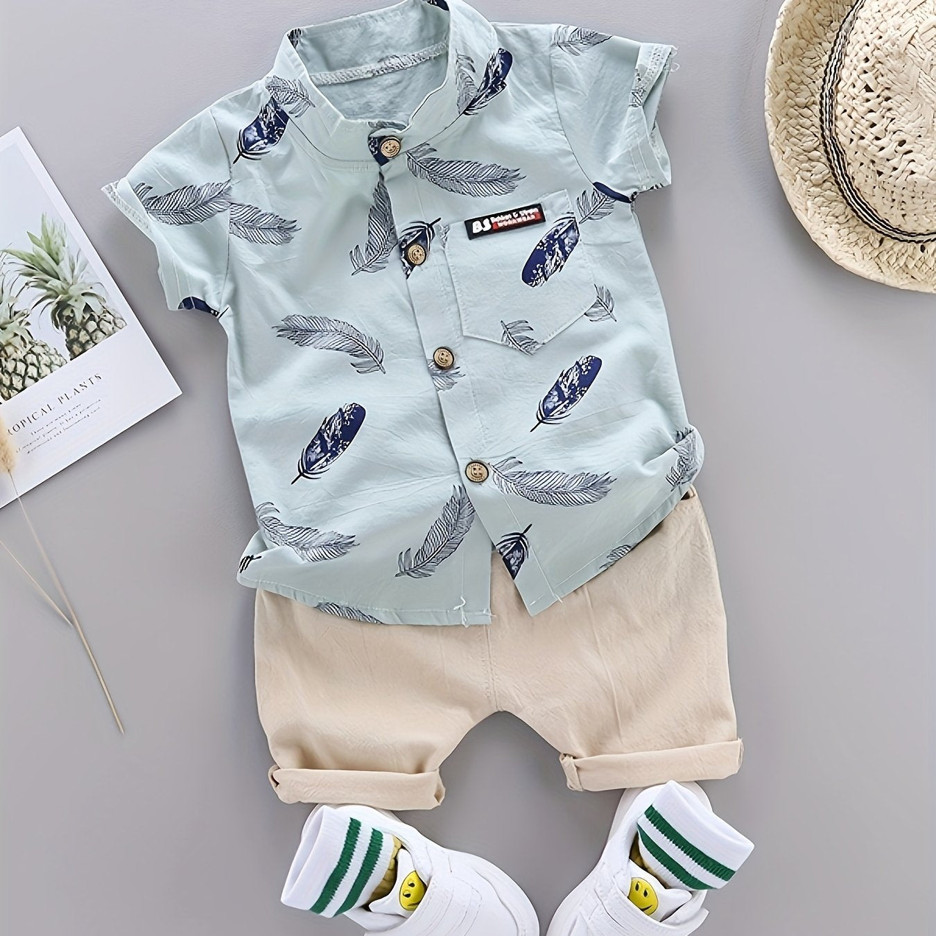 2-Piece Baby Boys’ Summer Outfit – Feather Print Short-Sleeve Shirt & Cotton Shorts Casual Set