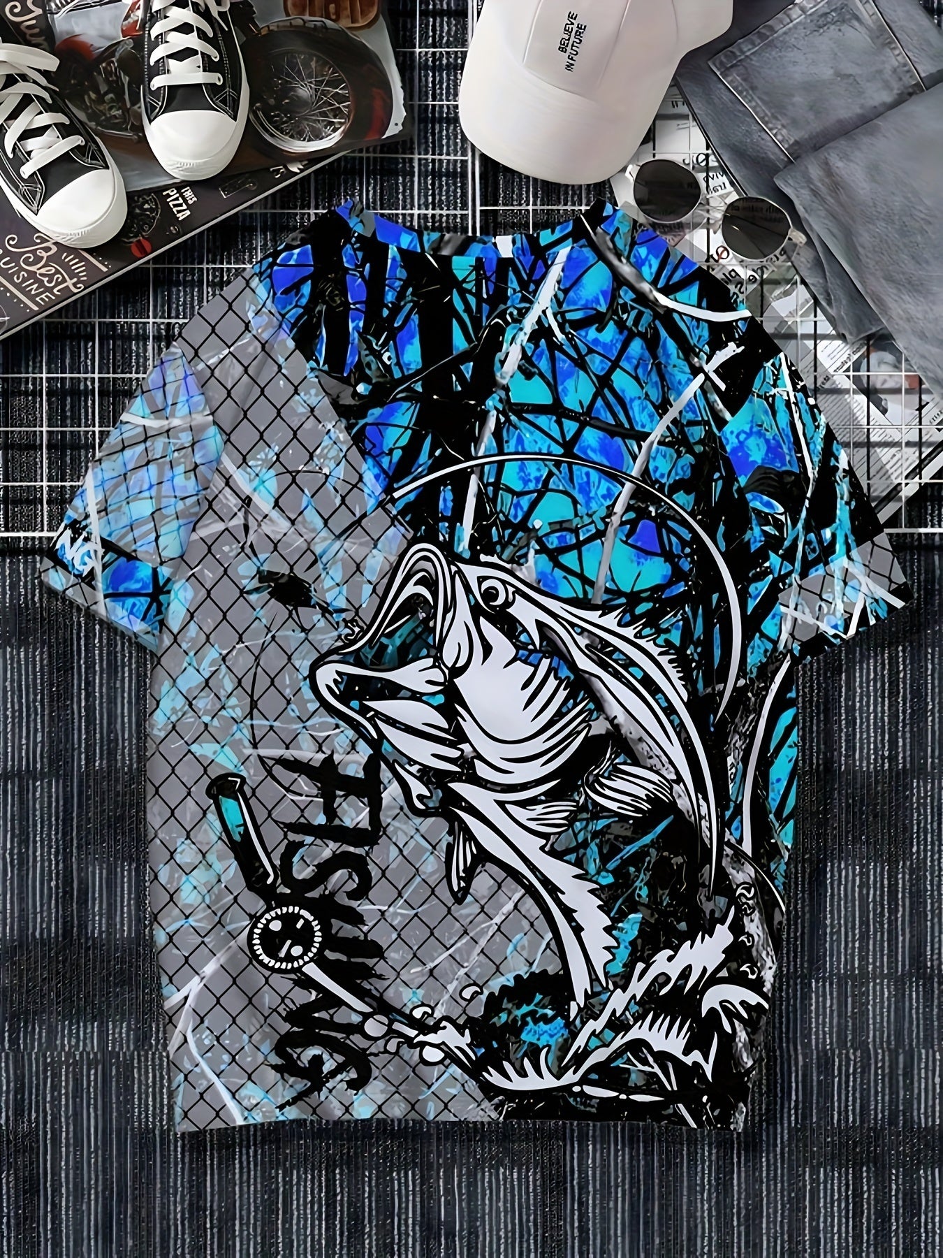 I-Men's Fashion Casual Crew Neck 3D Shirt Print Fishing Shirt, 100% Polyester Knit Fabric, Isitayela Esivamile Esine-Slight Stretch, I-Tee Yephethini Yezilwane Evamile Efanelekile