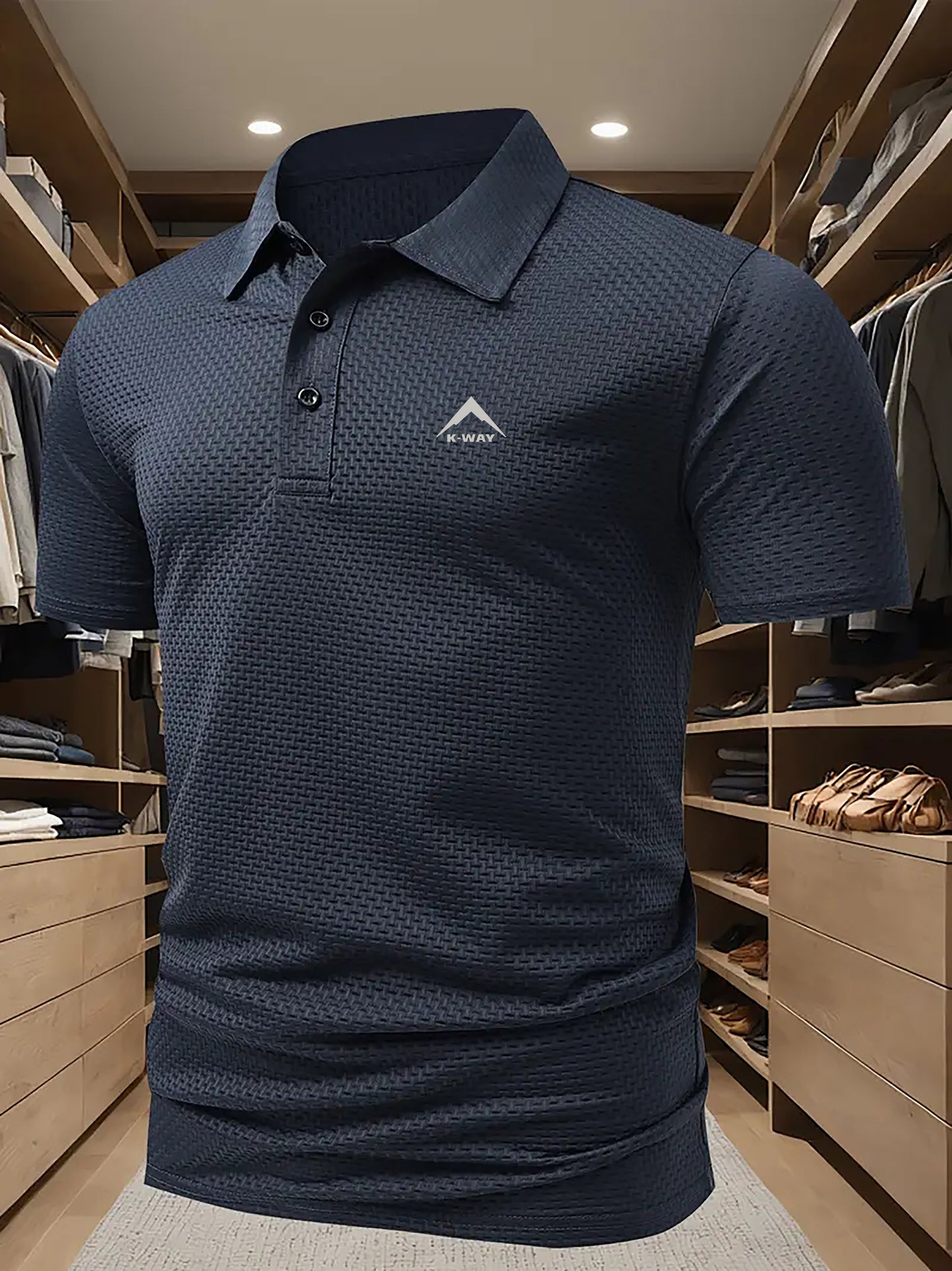 KWAY Men'S Breathable Summer Shirt - Lightweight Stretch Fabric, Solid Color with Contrast Collar & Chest Logo, Quick-Dry Golf & Business Casual Short Sleeve Top for Casual Attire, Breathable Summer Shirt, Golf Apparel, Sleek