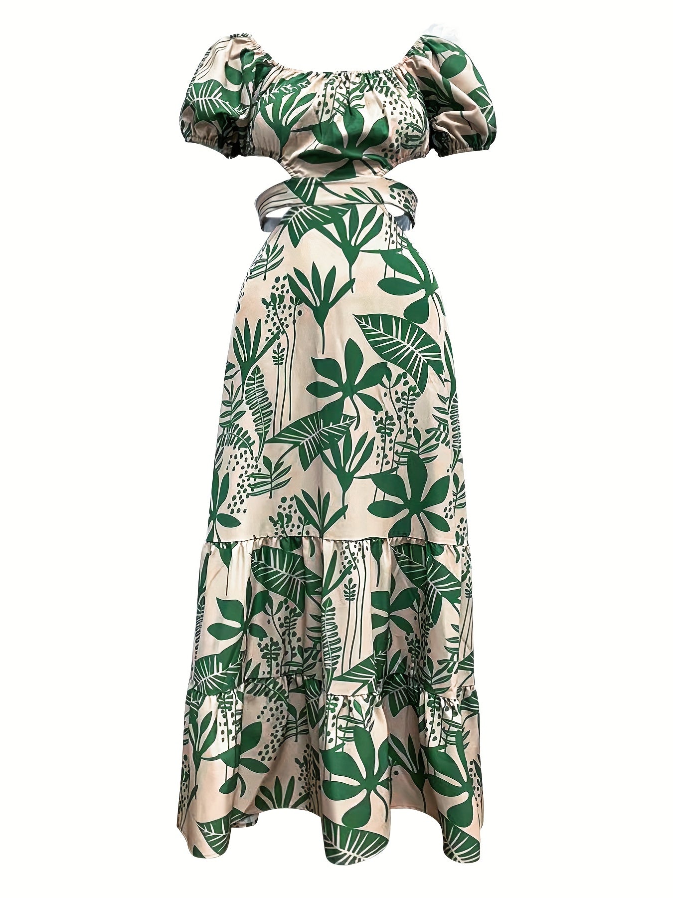 Print Maxi Dress for Women - Chic Summer Commuter Style with Ruffle Hem and Tie Detail, Breathable Polyester, Machine Washable, Summer Commuter Wear|Split Sleeve Dress|Glossy Fabric, Casual Summer Dresses