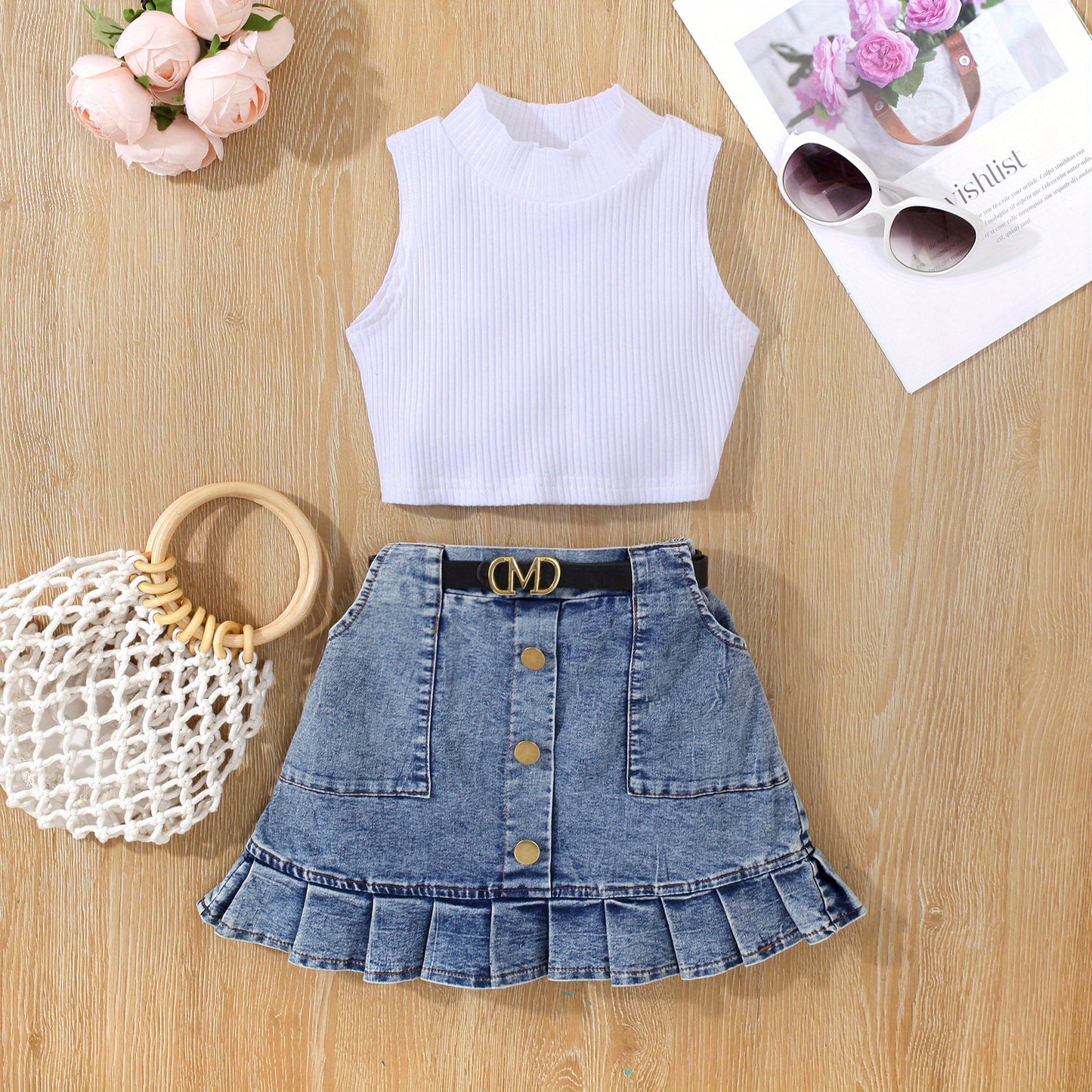 2pcs Toddler Girls Summer Outfit - Skirt Sets with Turtleneck Ribbed Knit Tank Top, Ruffled Hem Pleated Button Belted Denim Skirt, K-pop Inspired, Kids Clothing for Summer Season