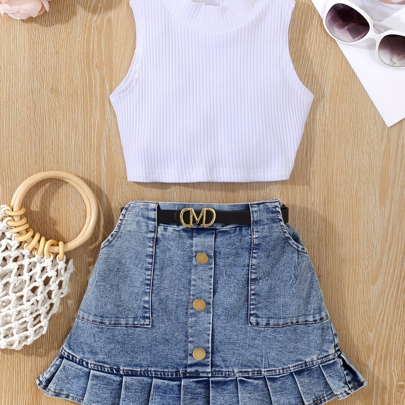 2pcs Toddler Girls Summer Outfit - Skirt Sets with Turtleneck Ribbed Knit Tank Top, Ruffled Hem Pleated Button Belted Denim Skirt, K-pop Inspired, Kids Clothing for Summer Season