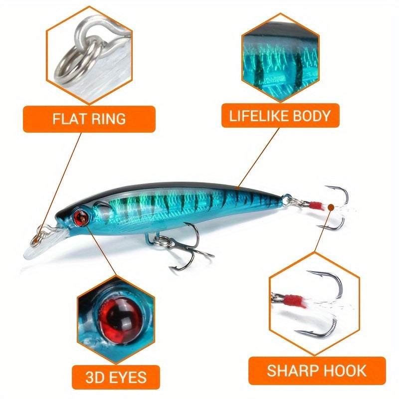10pcs Premium 3D Bionic Fishing Lures with Laser Eyes - Artificial Hard Baits for Catching More Fish - Feather Hook, 9cm/7.2g, Lifelike Swimming Action, Durable and Long-Lasting