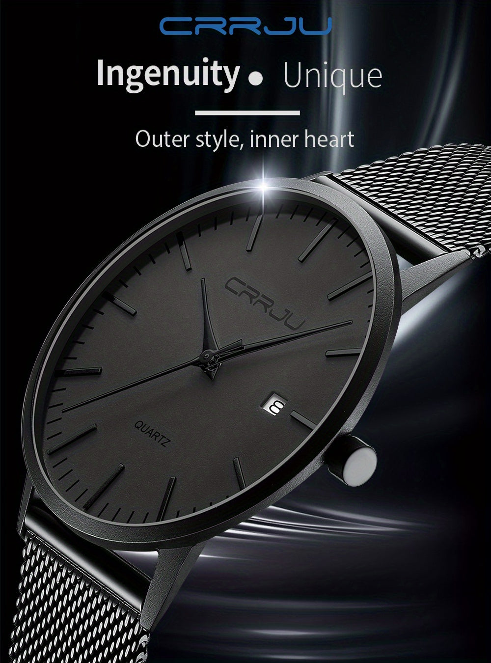 CRRJU Men'S Slim Quartz Watch, Casual Style, Round Zinc Alloy Case, Stainless Steel Strap, Pointer Display, Battery Powered, IPX8 Water Resistant, Non-rechargeable Button Battery