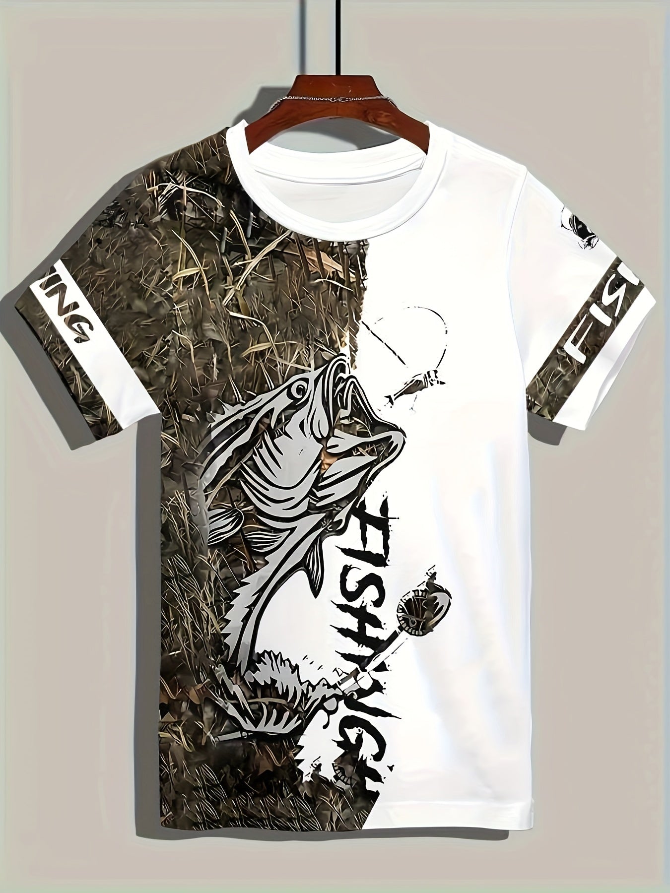 I-Men's Fashion Casual Crew Neck 3D Shirt Print Fishing Shirt, 100% Polyester Knit Fabric, Isitayela Esivamile Esine-Slight Stretch, I-Tee Yephethini Yezilwane Evamile Efanelekile