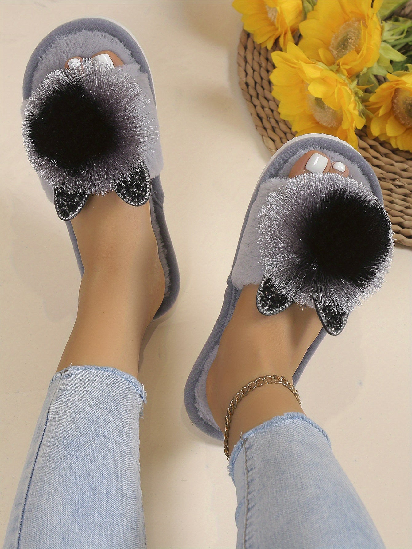 Soft Women's Slip-On Slippers | All-Season Indoor House Shoes with Plush Faux Fur Trim & Sparkling Embellishments - Cute Slippers, Loungewear Essentials, Playful Design, Durable EVA Sole