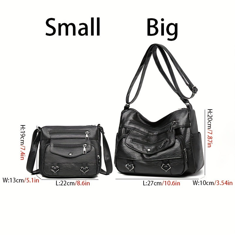 Retro Multi Pockets Crossbody Bag, Soft Faux Leather Shoulder Bag, Heart Decor Purse For Women
