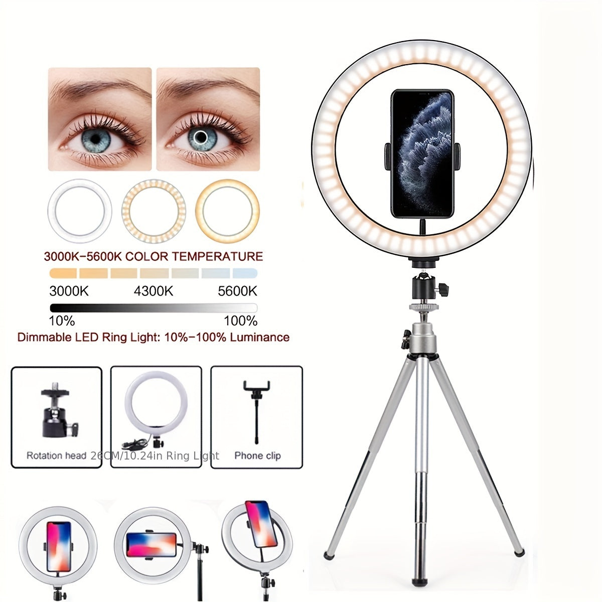 1pc 25.4cm Ring Fill Light With Adjustable Tripod Stand & Phone Holder, LED Selfie Circle Light For Tiktok YouTube Zoom Photography Makeup Live Stream