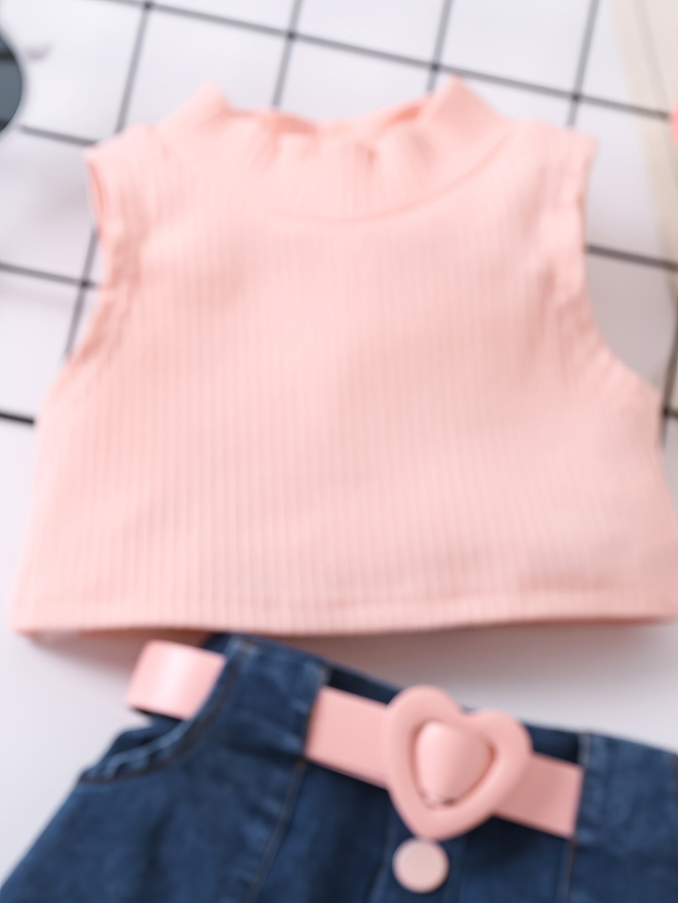 2pcs Toddler Girls Summer Outfit - Skirt Sets with Turtleneck Ribbed Knit Tank Top, Ruffled Hem Pleated Button Belted Denim Skirt, K-pop Inspired, Kids Clothing for Summer Season