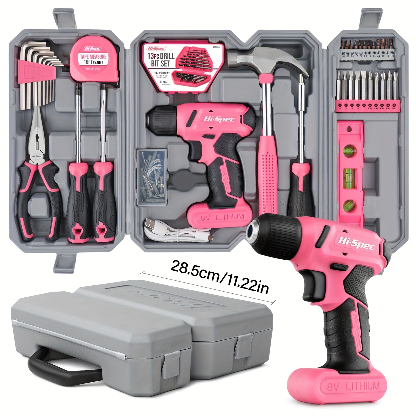 1 Set 8V Rechargeable Electric Screwdriver Set, Household Electric Drill, Pink Multifunctional Toolbox, Power Tool